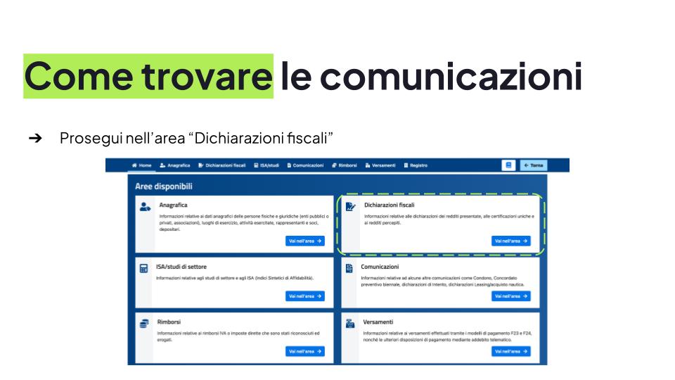 Come trovare le comunicazioni: proseguire nell'area Dichiarazioni fiscali