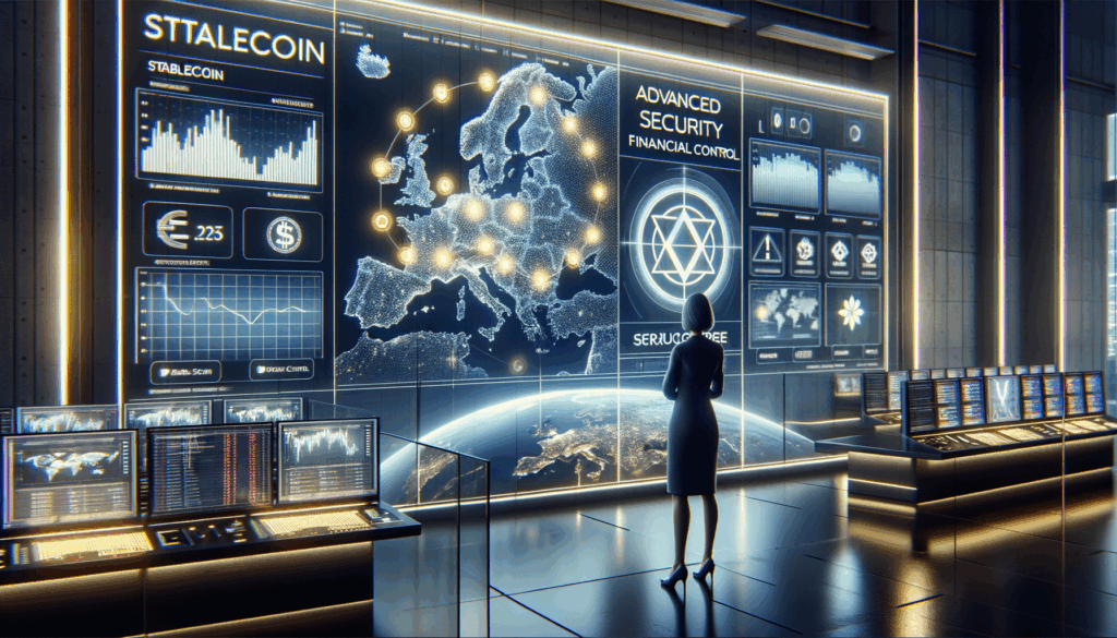 Funzionario della banca centrale osserva dati sulle stablecoin in una sala di controllo europea ad alta sicurezza