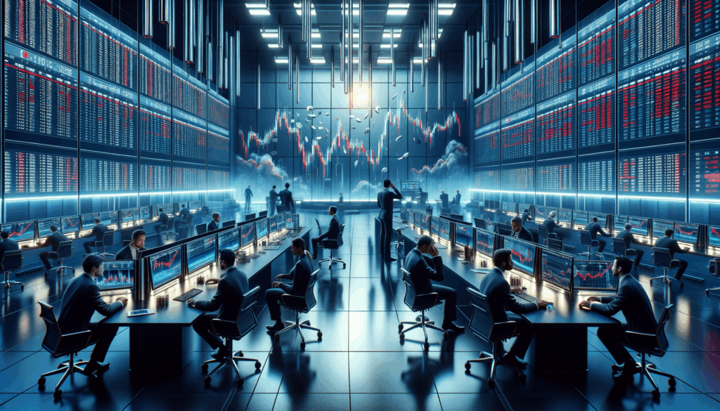 Sala di trading tecnologica durante un crollo di mercato con grafici Bitcoin in rosso e trader stressati