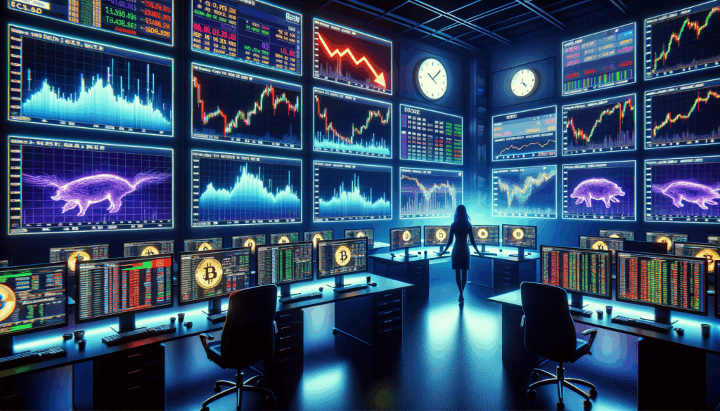 Sala trading con schermi che mostrano grafici Bitcoin e Ethereum con segnali contrastanti