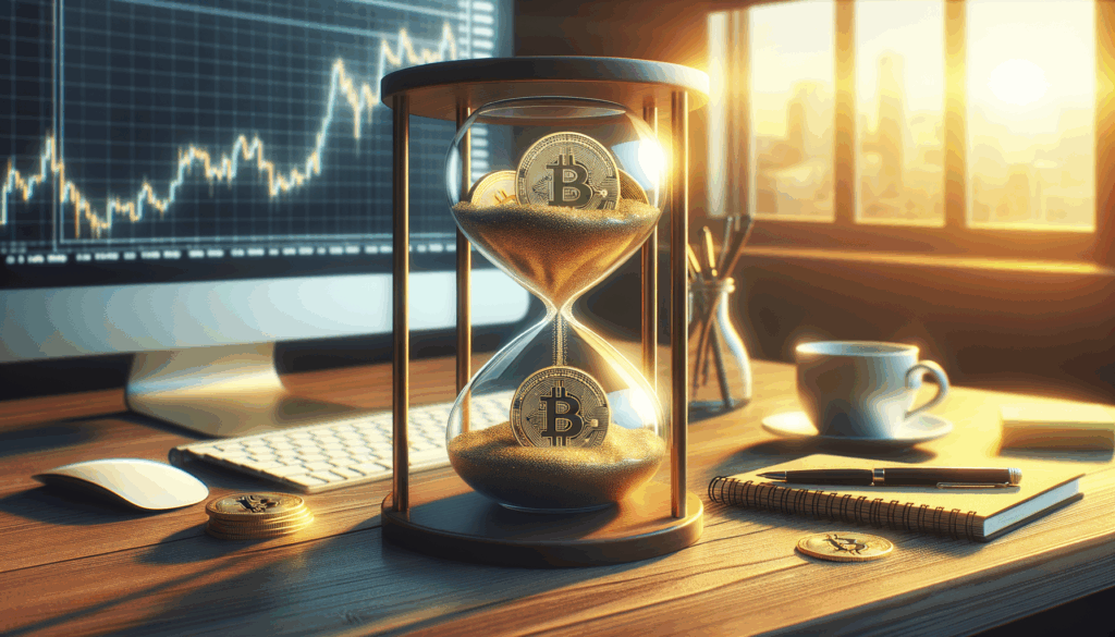 Clessidra con bitcoin che scorrono su scrivania con grafico borsa sullo sfondo