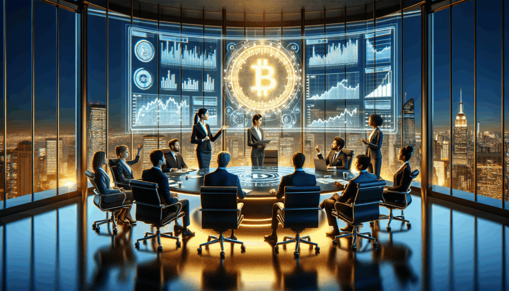 Sala riunioni aziendale al tramonto con simbolo olografico di Bitcoin e grafici finanziari