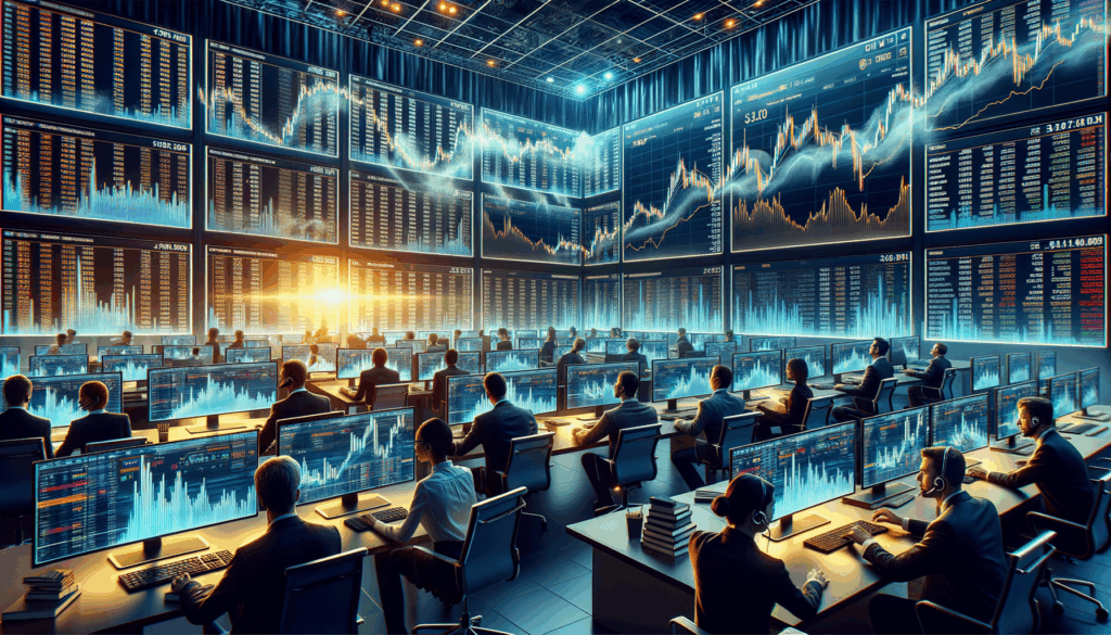 Sala di trading finanziario con schermi che mostrano grafici di Bitcoin ed Ethereum in forte volatilità
