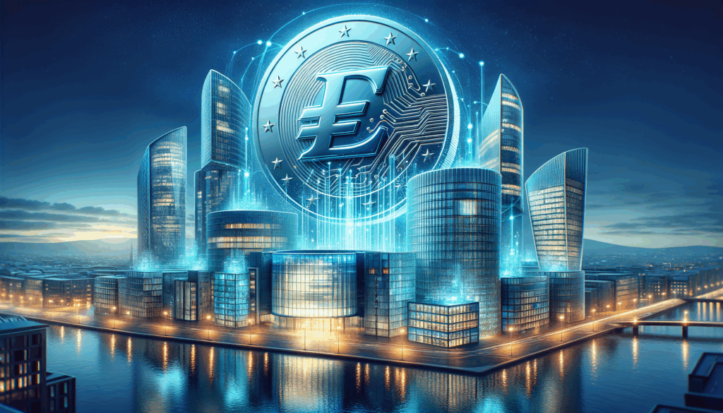 Skyline europeo al tramonto con una moneta euro trasparente illuminata e sedi moderne di banche collegate da luci digitali