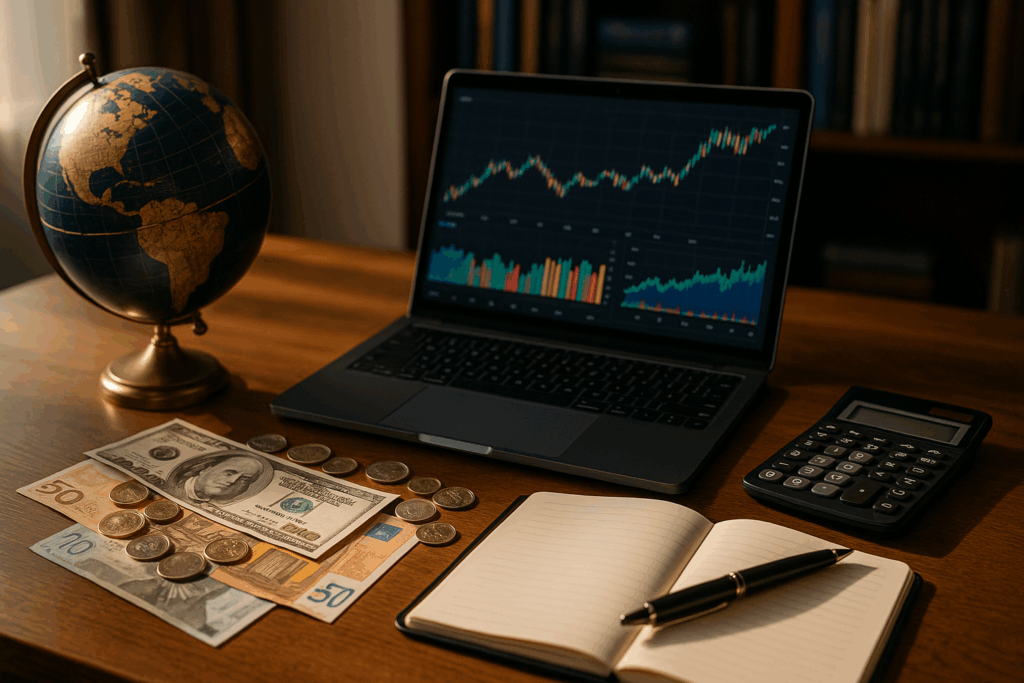 Scrivania con globo, valute e grafici finanziari per rappresentare la diversificazione del portafoglio