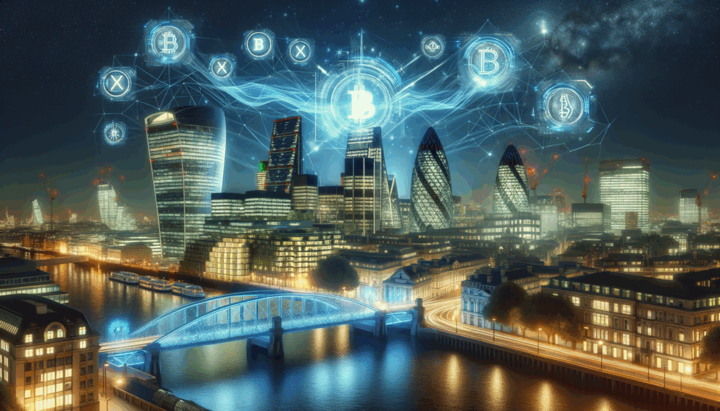 Veduta notturna di Londra con ponte digitale e simboli blockchain nel cielo