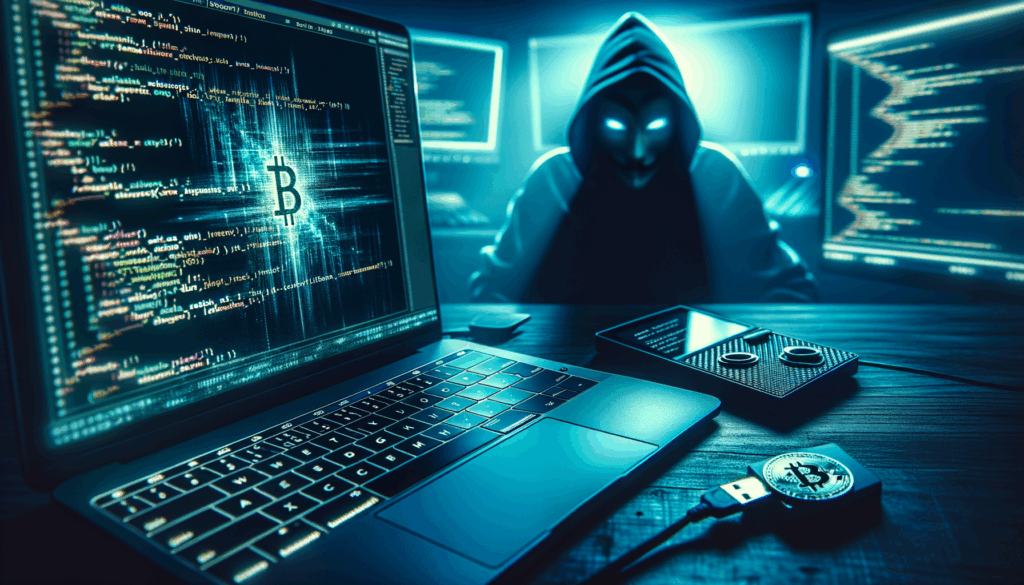 Codice JavaScript su laptop con icona criptovaluta e simbolo virus, bordo con hardware wallet Ledger