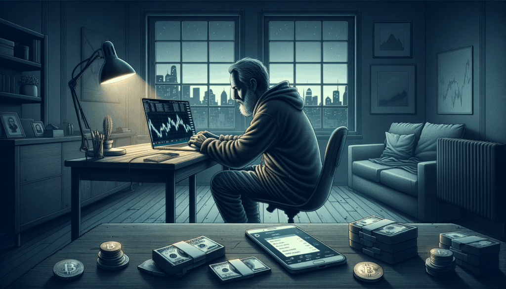 Uomo italiano pensieroso guarda grafico criptovalute in calo su laptop