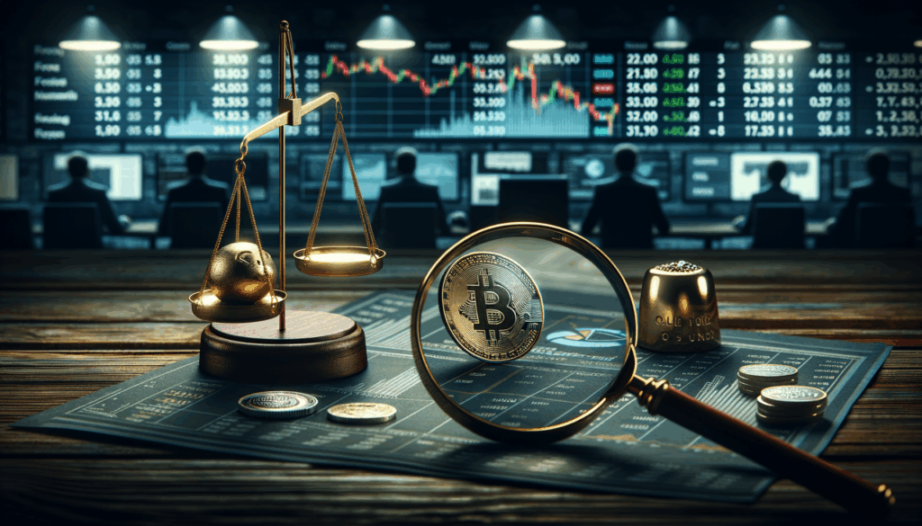 Bilancia con moneta e lingotto, lente su dati economici, sala trading sullo sfondo