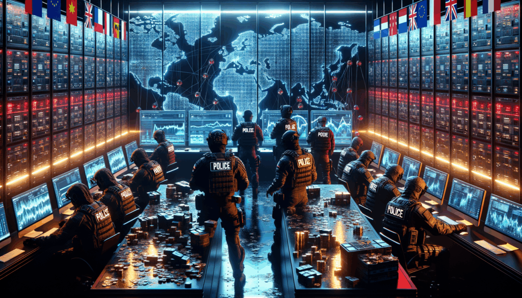 Agenti europei in un centro operazioni cybercrime analizzano grafici finanziari e confische