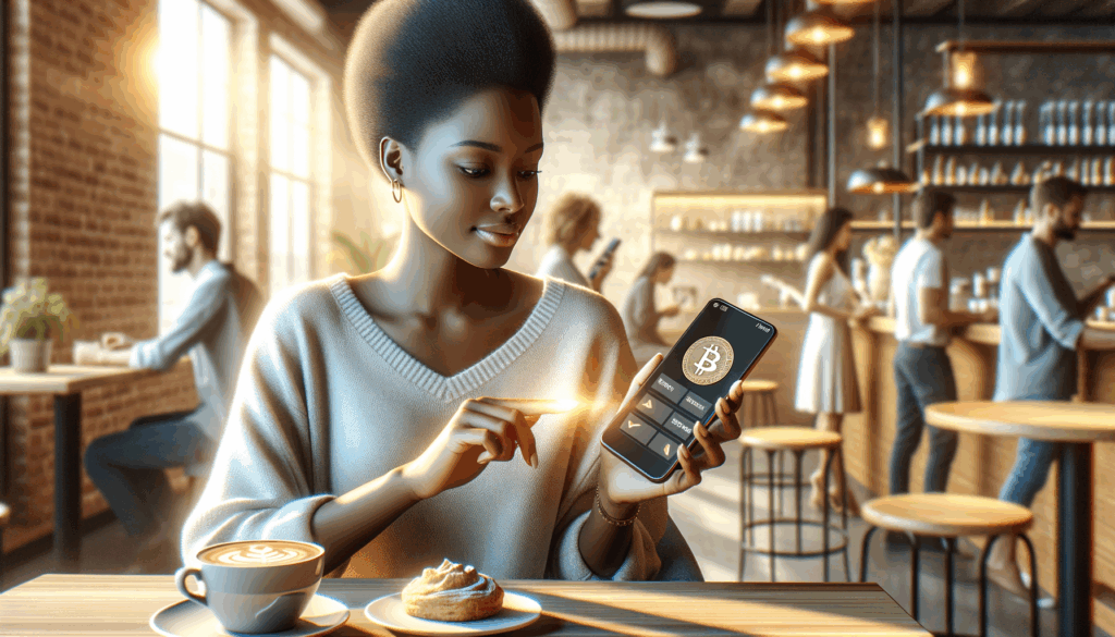 Giovane adulto in un caffè usa lo smartphone per pagare in crypto con PayPal
