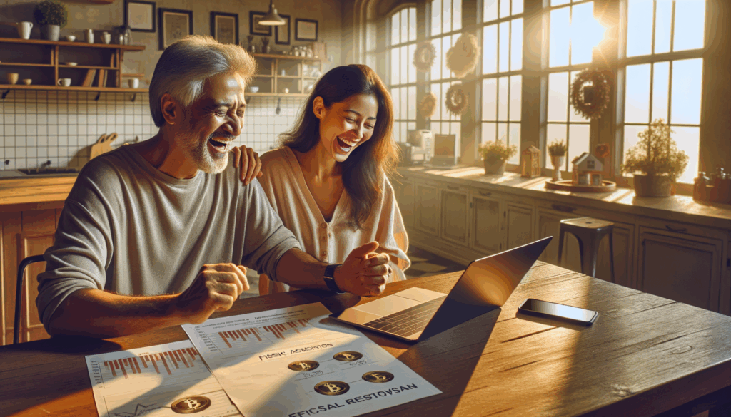 Uomo e donna sorridono guardando un laptop con grafici finanziari in cucina