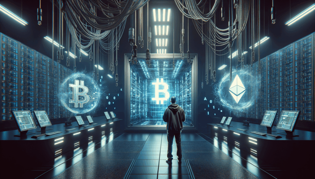 Analista osserva dati crittografici davanti a un computer quantistico con simboli Bitcoin ed Ethereum in dissolvenza