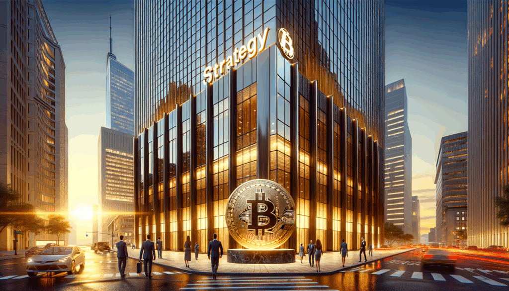 Grattacielo con logo Strategy e statua dorata di Bitcoin al tramonto nel distretto finanziario