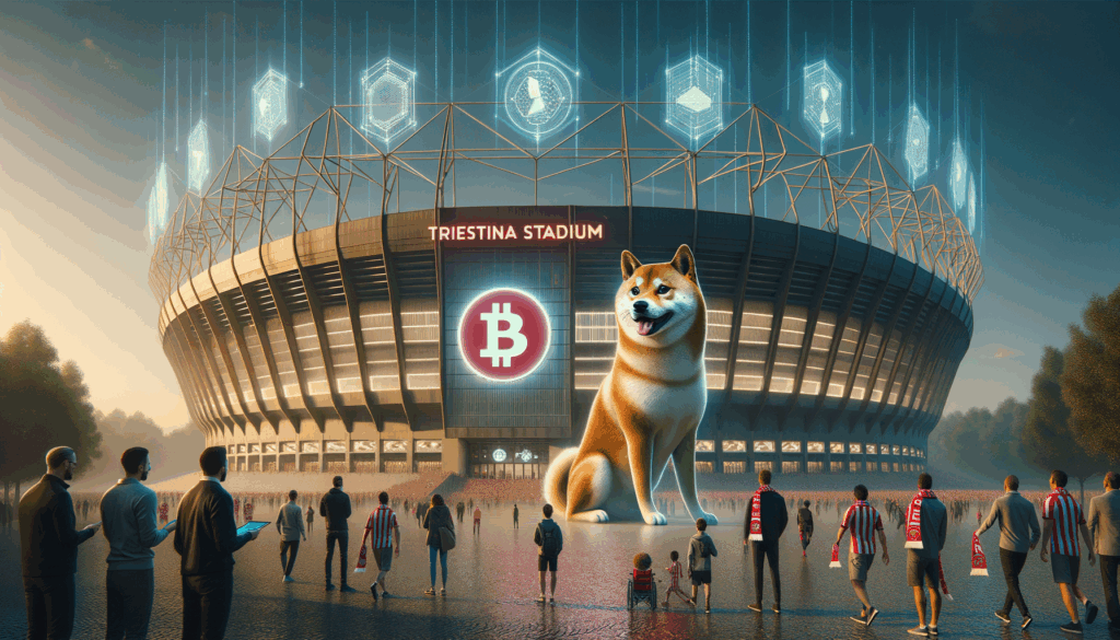 Stadio della Triestina con cane Shiba Inu davanti e simboli digitali in atmosfera futuristica