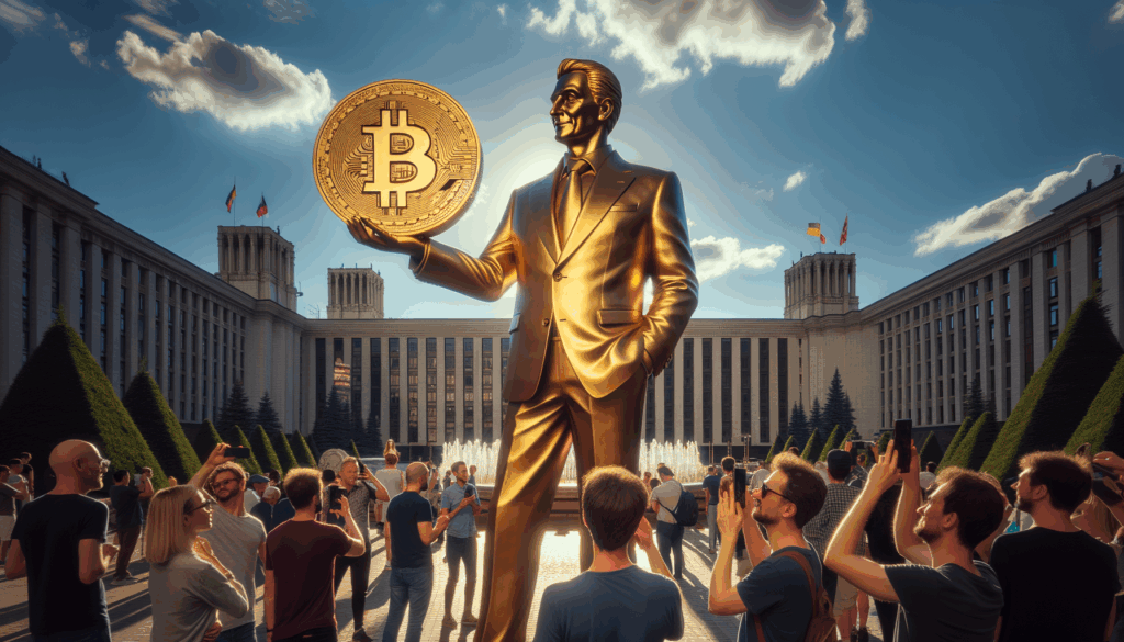 Statua dorata di Trump con Bitcoin davanti al Campidoglio USA sotto cielo sereno