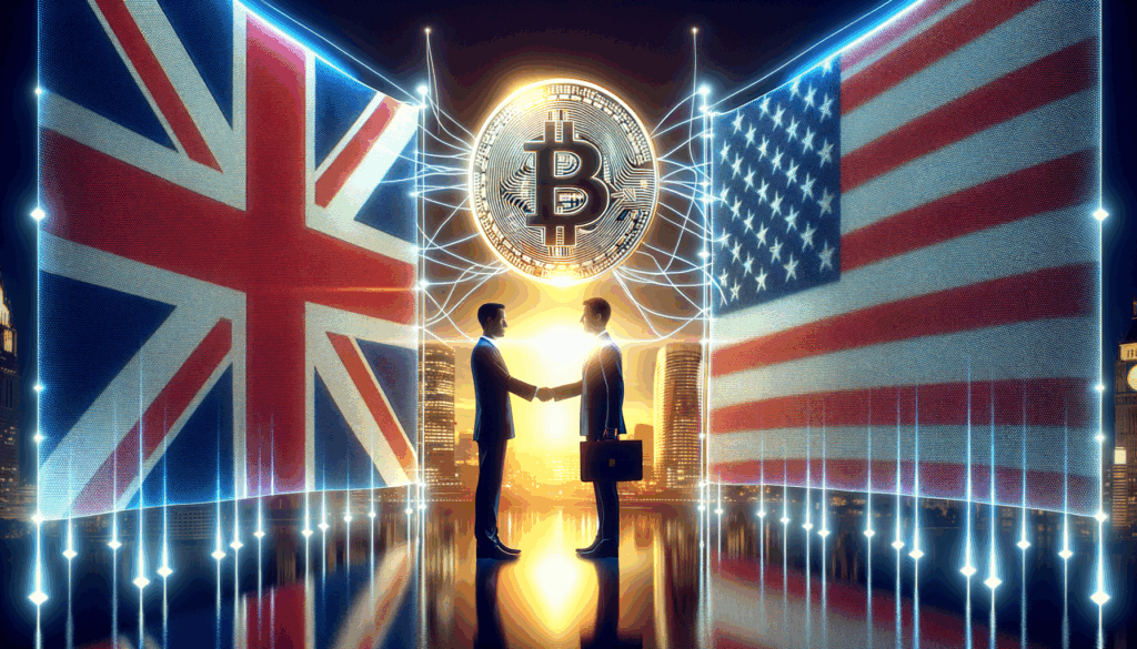 Stretta di mano tra funzionari UK e USA con moneta digitale tra le bandiere