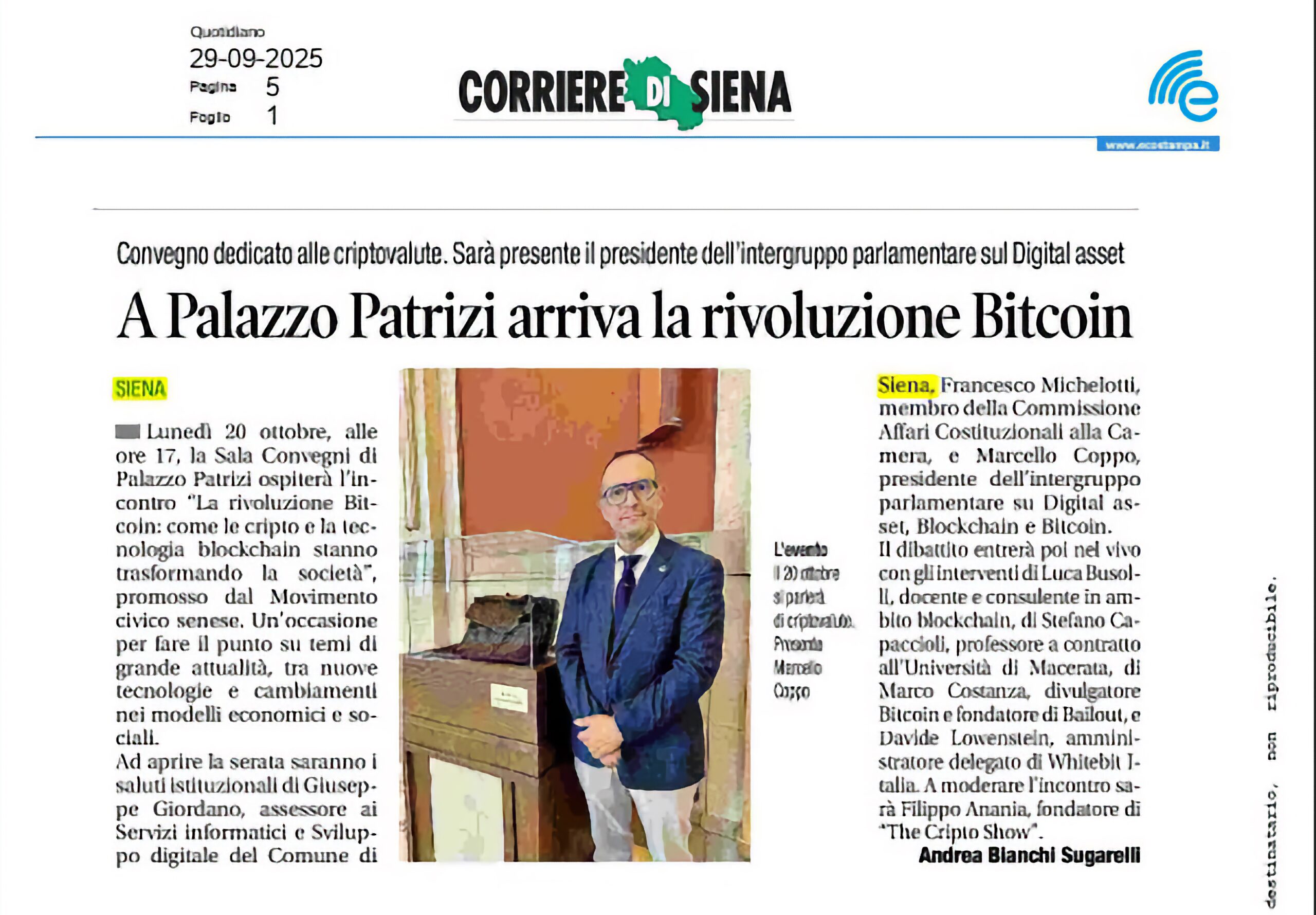 Articolo del Corriere di Siena su un convegno a Palazzo Patrizi dedicato alla rivoluzione Bitcoin