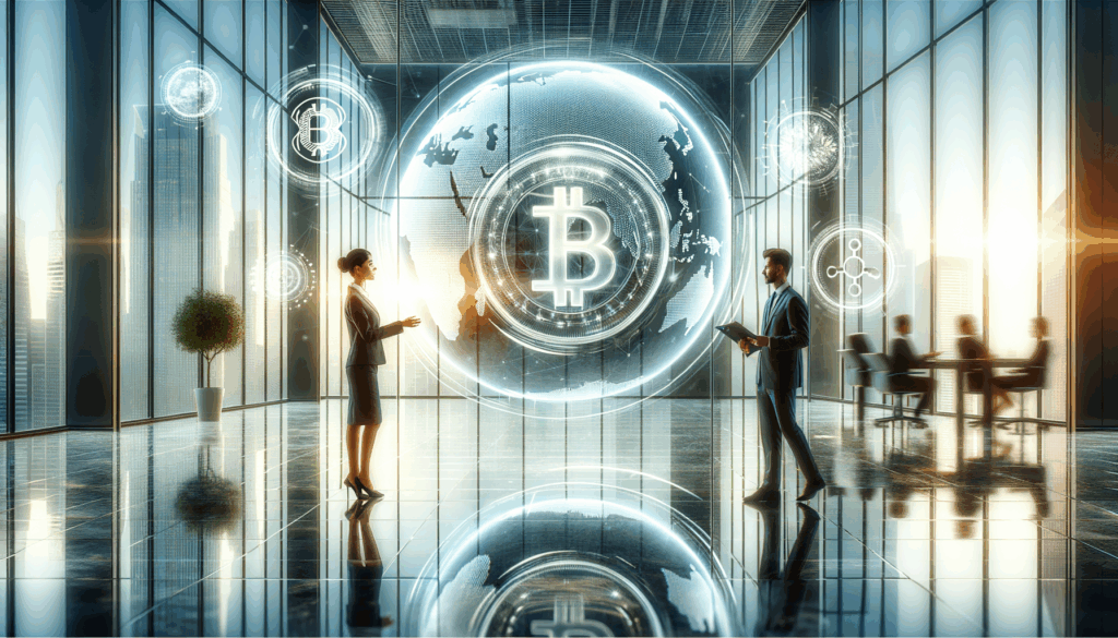Professionisti interagiscono con interfaccia digitale su stablecoin in ufficio moderno