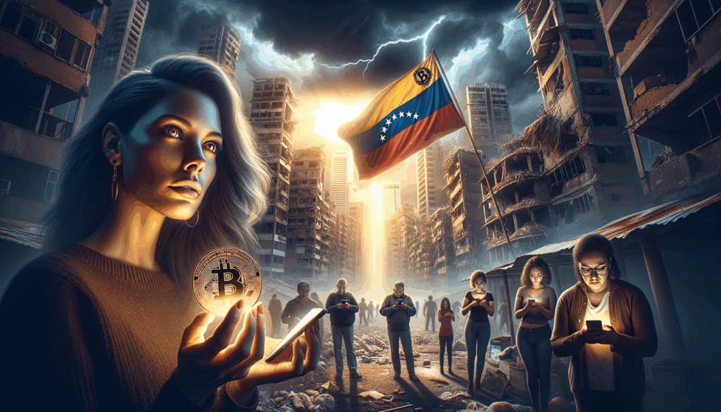 Donna venezuelana stringe un Bitcoin tra le rovine urbane con bandiera sullo sfondo