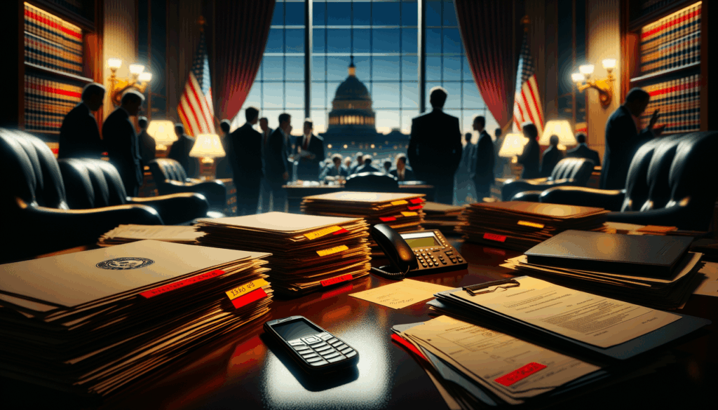 Ufficio governativo con cellulare spento su scrivania e fascicoli, parlamentari sullo sfondo