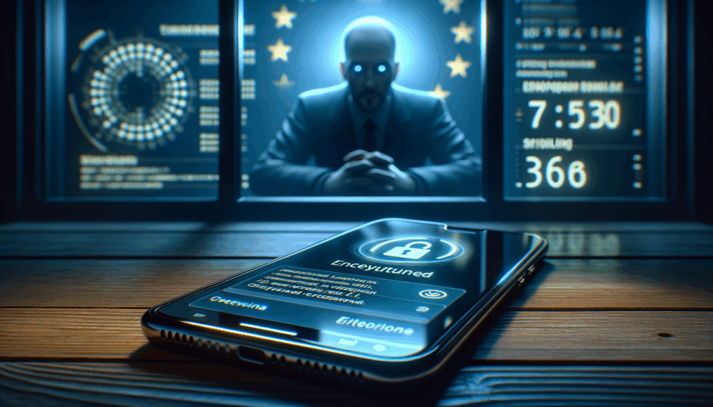 Smartphone con app criptata osservato da figura indistinta dietro vetro smerigliato