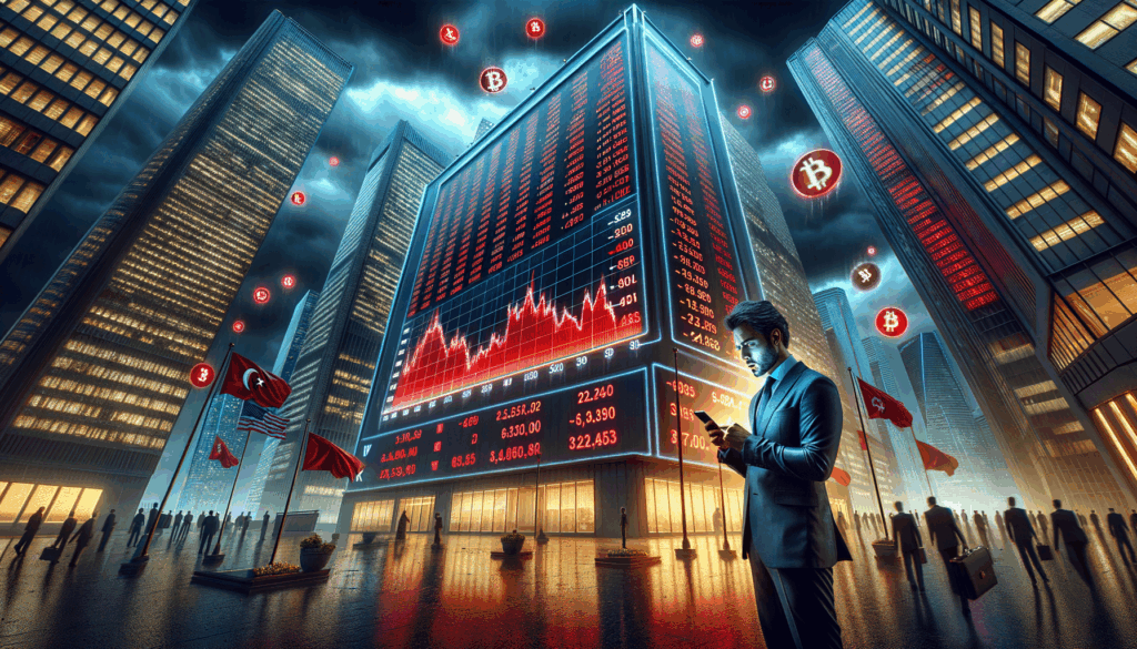 Trader preoccupato osserva crollo di borsa e criptovalute su display digitale in città sotto cielo tempestoso