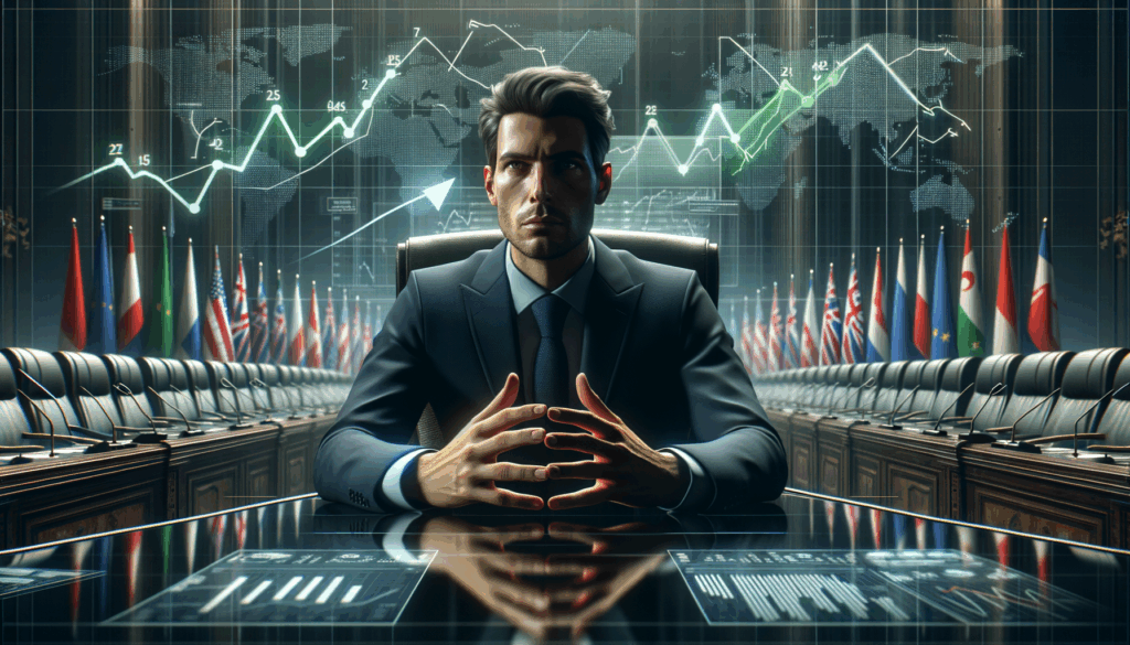 Jerome Powell in conferenza stampa con grafici di mercato e indicatori economici sullo sfondo