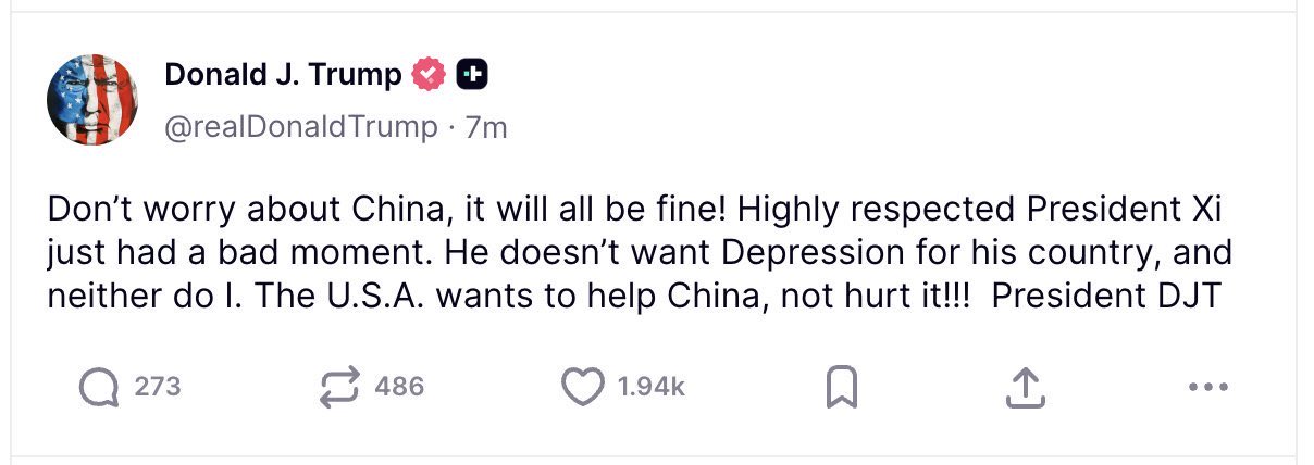 Messaggio di Donald Trump che commenta i rapporti con la Cina e il presidente Xi