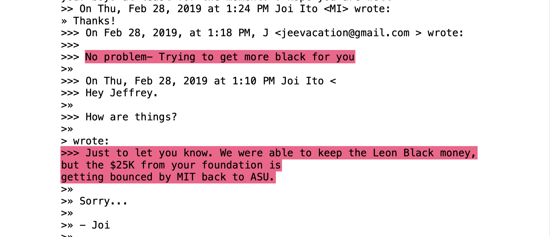 Screenshot di un'email del 2019 riguardante fondi da Leon Black e una fondazione respinti dal MIT