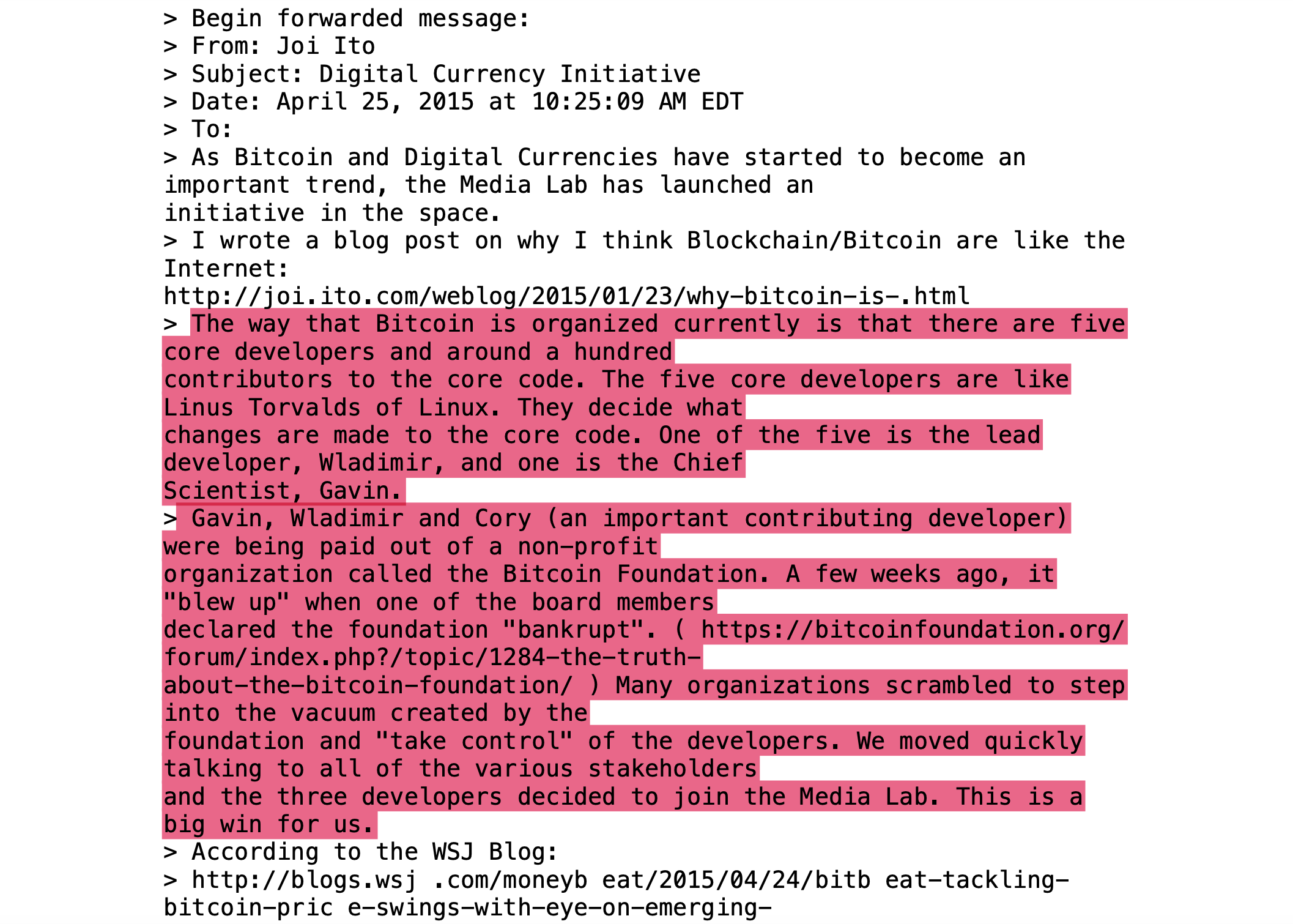 Email del 2015 di Joi Ito sulla Bitcoin Initiative del Media Lab e sul ruolo dei core developer