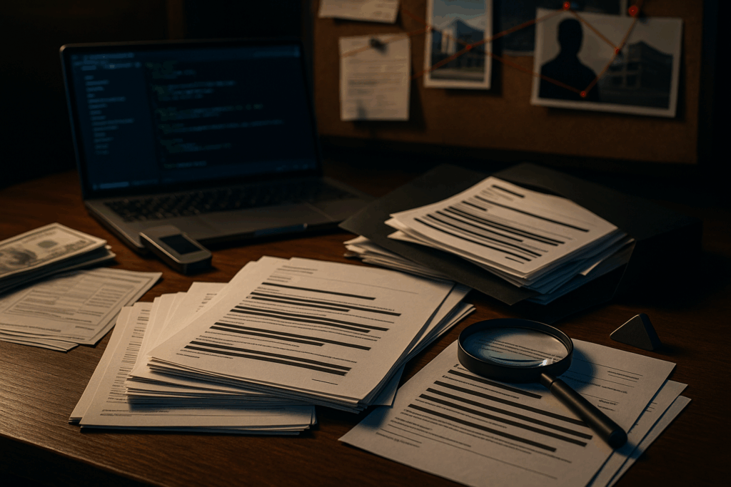 Scrivania con documenti e ricevute, banconote parziali, laptop con codice sfocato, lente e bacheca con fili rossi.