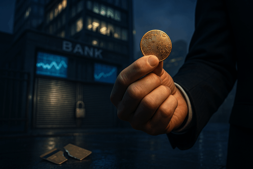 Mano in giacca che stringe una moneta dorata a circuito; sullo sfondo banca chiusa, carte spezzate e luci notturne.