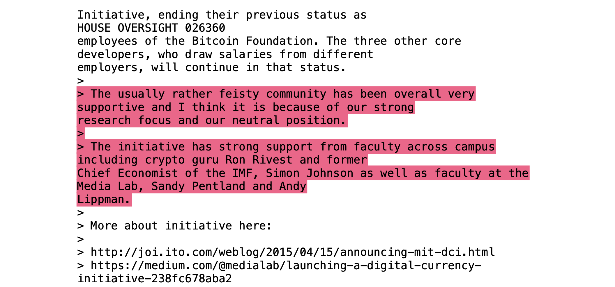 Testo evidenziato che descrive il supporto accademico e comunitario a un'iniziativa sul digital currency del MIT