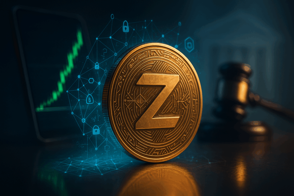 Primo piano di moneta Z metallica con ologrammi blu-teal a rete crittografica; sullo sfondo grafico in breakout