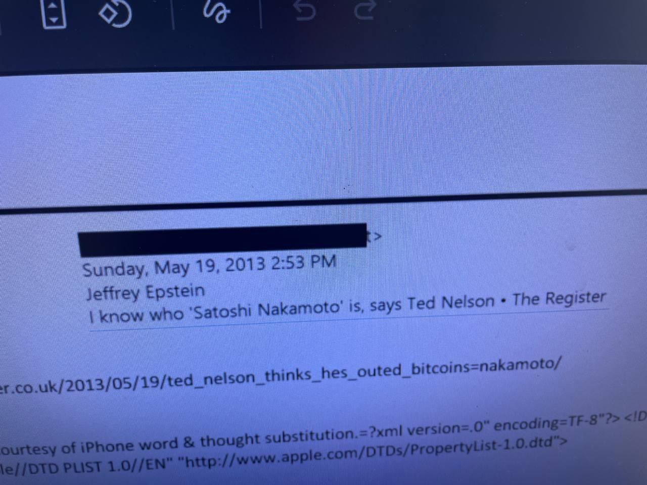 Schermata di un'email del 2013 con riferimento a Satoshi Nakamoto e Ted Nelson
