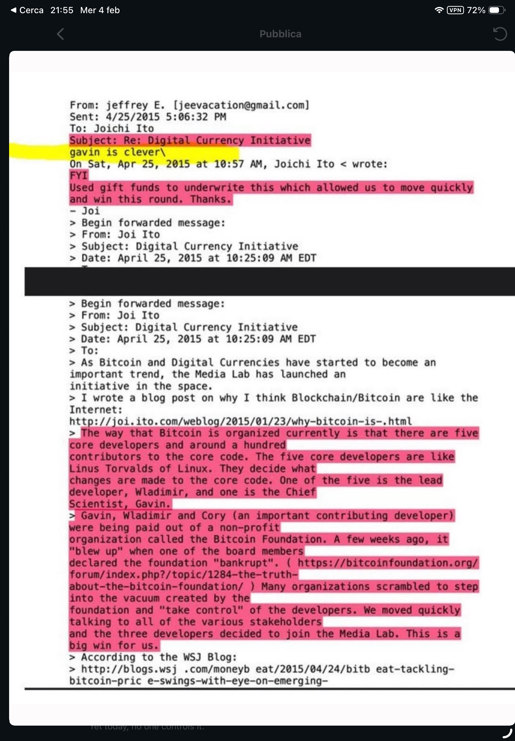 Screenshot di una email del 2015 su Bitcoin e Digital Currency Initiative evidenziata in rosso e giallo