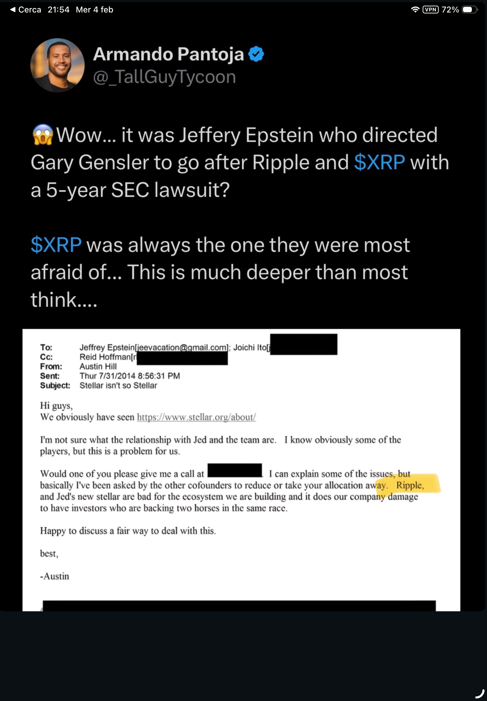 Screenshot di un tweet che collega Jeffrey Epstein e Gary Gensler al caso Ripple e XRP con una email allegata