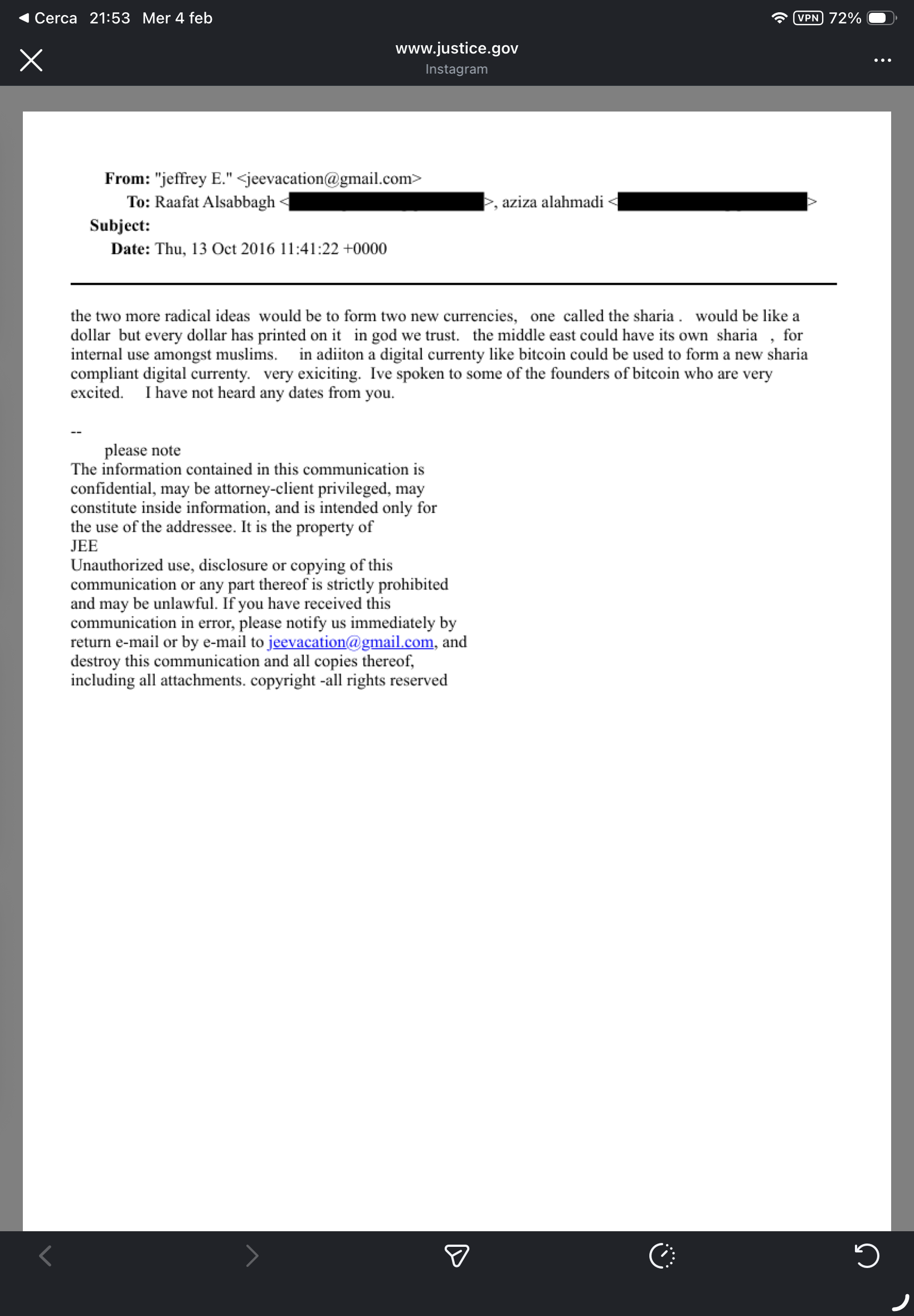 Email del 2016 su proposta di nuove valute tra cui una valuta digitale conforme alla sharia